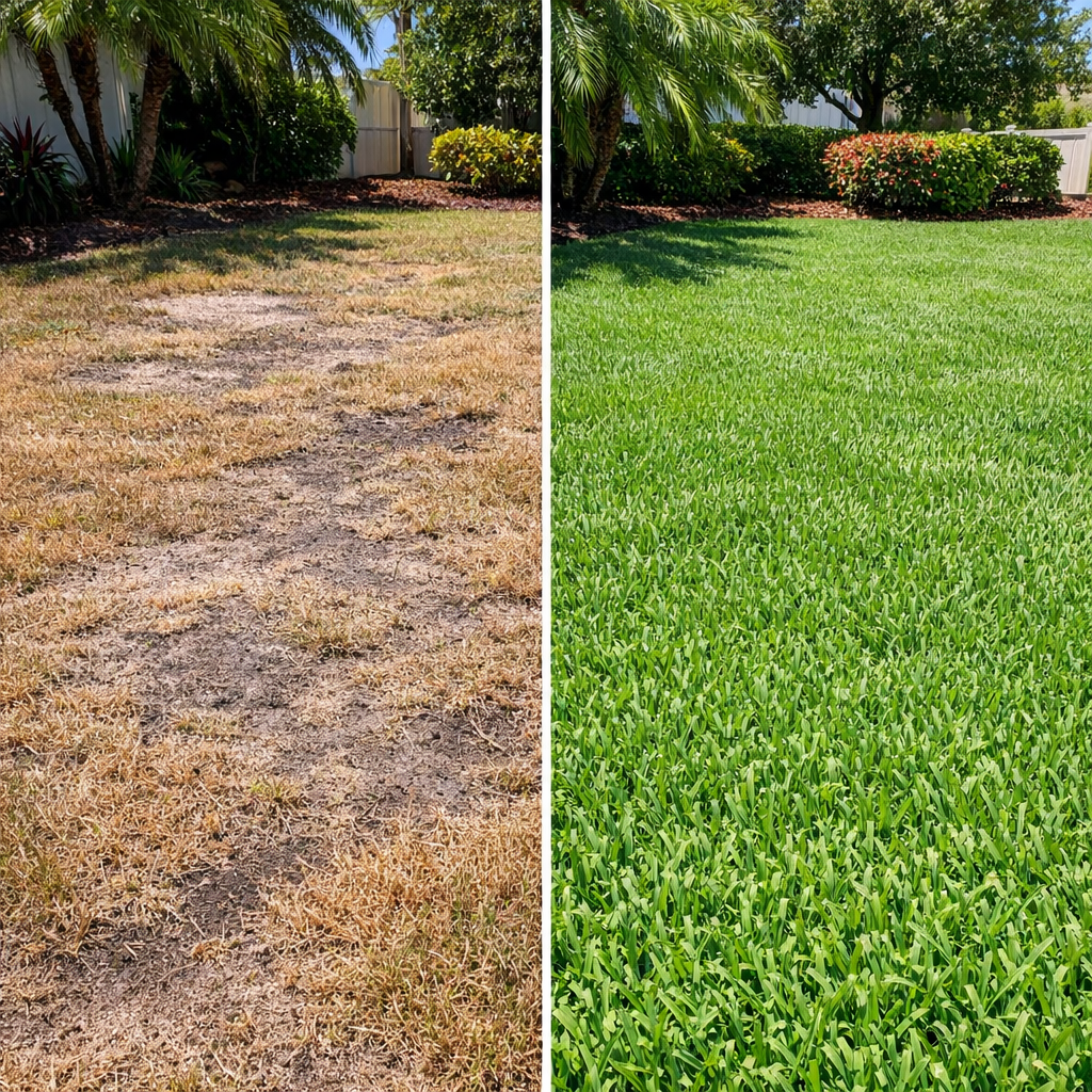 Brown grass patch near healthier turf